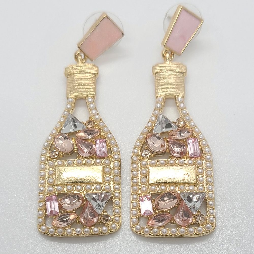 Gold and Pink Color Rhinestone Earrings